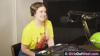 Curvy blonde with big boobs licks unshaved cunt and asshole in the podcast studio
