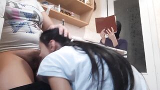 While my girlfriend is reading a book, my roommate licks my pussy - Lesbian Illusion Girls