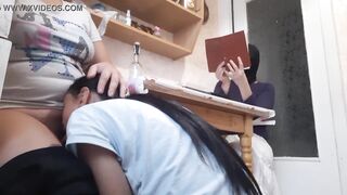 While my girlfriend is reading a book, my roommate licks my pussy - Lesbian Illusion Girls