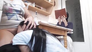While my girlfriend is reading a book, my roommate licks my pussy - Lesbian Illusion Girls