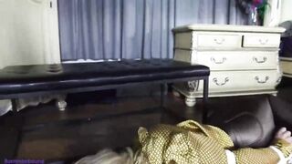 Gagged blonde got tied up tight, with a rope and left on the floor, for a while