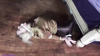 Gagged blonde got tied up tight, with a rope and left on the floor, for a while