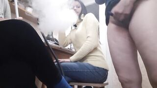 The neighbor jerked off in front of us with her new sex toy