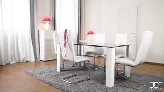 Asian mistress spanks and buttfucks blonde slave