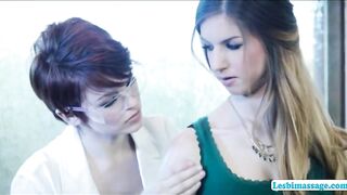 Sexy slutty scientist Bree massages Stellas filled breasts and savory ass