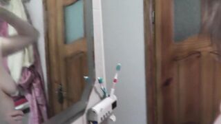 Sexy Milf in bathroom shaves hairy armpits. Tits. Natural tits. Boobs. Nipples. Hairy pussy Close Up