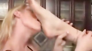 Girl lick feet in the kitchen