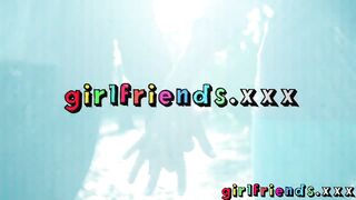Girlfriends raven haired lesbians share pleasure on sofa