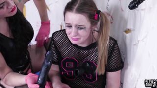 Lezdom teen slave gagging on dildos