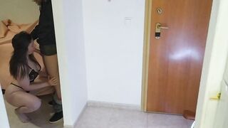 Wife fucks the delivery man while the husband watches. Cuckold fucks after