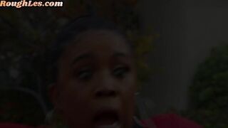 ROUGH LES - Curvy black dyke takes revenge on strapon slut in couple