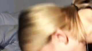 Blonde gives blowjob, swallows cum