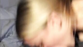 Blonde gives blowjob, swallows cum