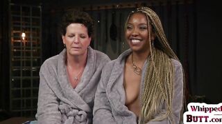 WHIPPED ASS - Rimming lez mature in suspension bondage rims black ass