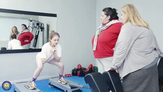 VERY BIG BBW lesbians sharing young girl in gym