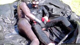 Two Latex Lesbian Bitches Enjoy The Hot Summer Outdoor With Dildo Games On Her Rubber Playground