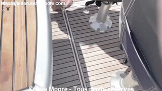 Two French sluts fuck each other's pussies with a double dildo on a boat