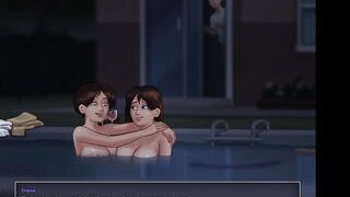 Stepmom with big boobs and big ass gets horny talking about my giant dick with her MILF stepsister. She came out of the pool completely wet and horny, asking for sex with me. I fingered her wet pussy until she cum. (Summertime Saga - Debbie - 2)