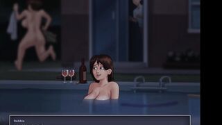 Stepmom with big boobs and big ass gets horny talking about my giant dick with her MILF stepsister. She came out of the pool completely wet and horny, asking for sex with me. I fingered her wet pussy until she cum. (Summertime Saga - Debbie - 2)