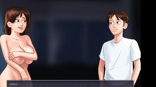 Stepmom with big boobs and big ass gets horny talking about my giant dick with her MILF stepsister. She came out of the pool completely wet and horny, asking for sex with me. I fingered her wet pussy until she cum. (Summertime Saga - Debbie - 2)