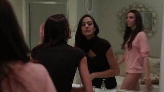 Lesbians Lyla and Tiffany strip naked in the room