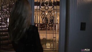 Two horny blond girls masturbating with toys on the stairs