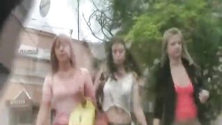 three hot and sexy lesbians upskirt holding hands in public