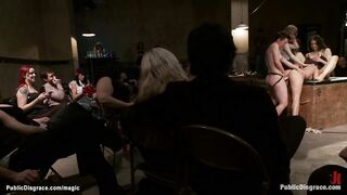 Slave fucked by lezdom group in public (Jiz Lee)