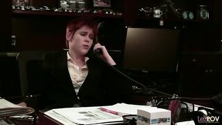 Horny lesbians are using a strap- on to fuck each other's brains out, while at work