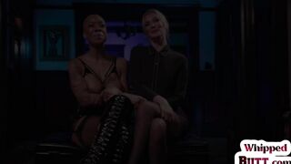WHIPPED ASS - Latex lezdom black busty MILF Hitachi toys her female sub