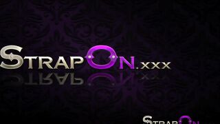 StrapOn Two hot lesbians playing with long red strapon dildo