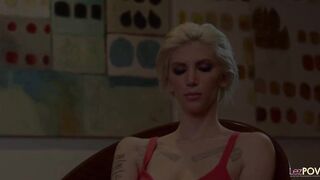 Short hair blonde with lots of tattoos really knows how to please her lesbian friends in a threesome