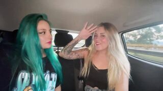 Lesbians spitting, licking and pee in a car