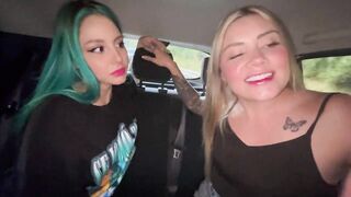 Lesbians spitting, licking and pee in a car