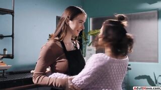 Petite latin 18yo teen licking busty gfs hairy pussy at work (Sex With, Sex with, Big Tits, Big Tits, Sex with)