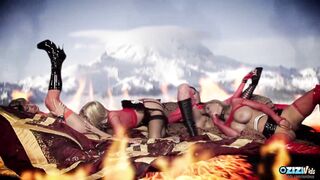 In their stockings and latex boots the blonde and brunette milfs have a lesbian foursome