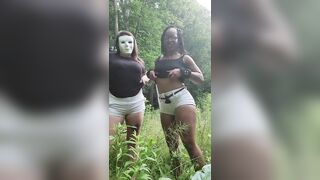 Uni with her bestie peeing and a little back woods fun