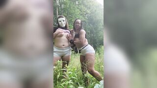 Uni with her bestie peeing and a little back woods fun