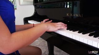 Piano teacher seduces her friend and gets her trimmed pussy eaten