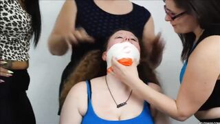 Thick Redheaded Bondage Slut Heavily Gagged By Three Lezdom Mistresses