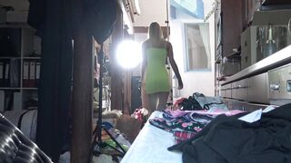 Sexy and hot girls in miniskirt short skirts play games at home behind the scenes