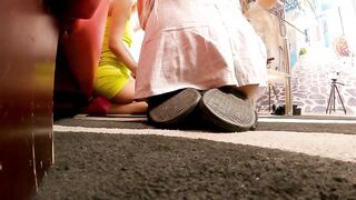 Sexy and hot girls in miniskirt short skirts play games at home behind the scenes