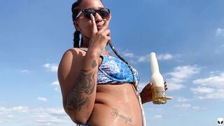 Khalessi 69 eats her Ebony brunette friend completely and has a quick interview casting on the beach 4K