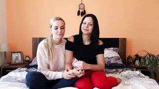 Ersties: Dark-haired Julia and blonde Victoria have fun with a glass dildo