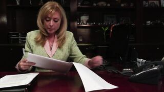Blonde MILF seduces a lusty girl to fuck in her office