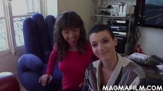 Amateur lesbians Eliska Cross and Shania share a big dick