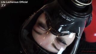 Extra Kinky Slippery Latex Sack with Gas Mask and Lesbian Edging
