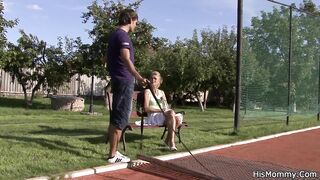 Brunette teen cheating with his old mom outdoors