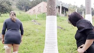 Milf lesbians take the opportunity to calm down their fever by licking their pussies outdoors. PART 1