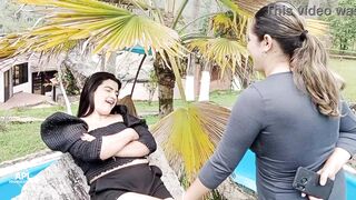 Milf lesbians take the opportunity to calm down their fever by licking their pussies outdoors. PART 1